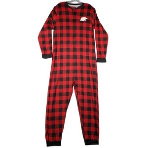 Dearfoams Red Black Buffalo Plaid Bear Patch Fleece Cabincore Pajamas Medium